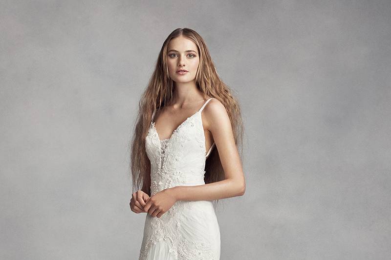 White by Vera Wang Style	VW351318	Linear lace A-line gown with plunging V-neckline, tank straps, and low illusion back with bow detail.