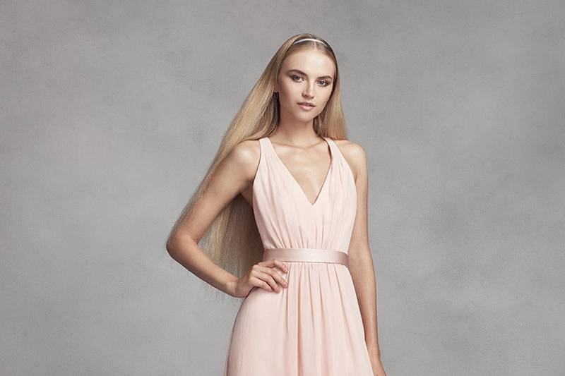 Style	VW360306	At once chic and effortless, this strapless bridesmaid dress features a satin trapunto-stitched belt and a short, silky skirt.