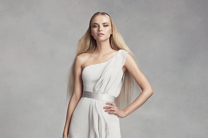 Style	VW360322	The romance of tulle combined with the sleek styling of White by Vera Wang makes this A-line bridesmaid dress, with its lace-lined surplice bodice, a true statement-maker. Exclusively at David's Bridal.
