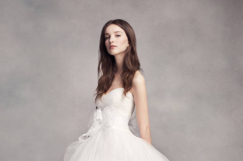 White by Vera Wang Style VW351339	<br>	Tulle ball gown with sweetheart neckline, draped bodice, and tossed tulle skirt.