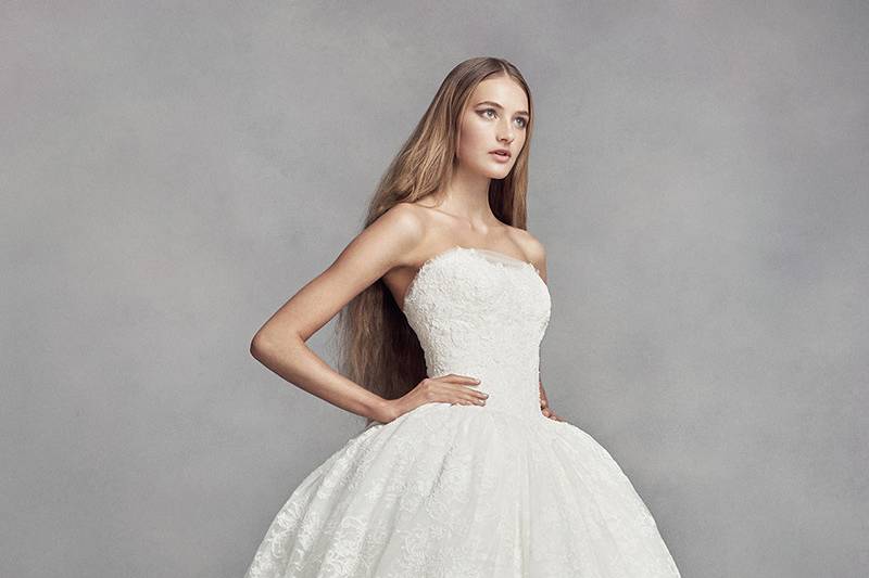 White by Vera Wang Style VW351372 SS	<br>	Allover lace ball gown with sweetheart neckline, basque waist, and beaded lace appliqués. Chapel train.