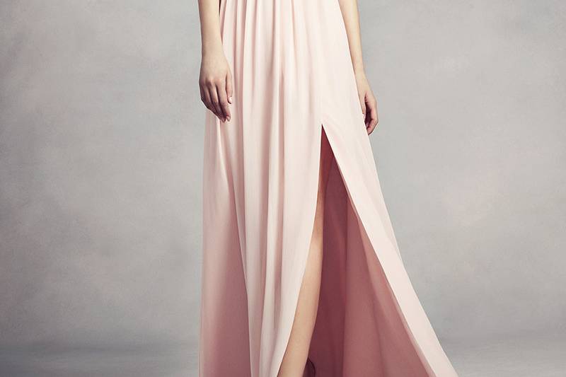 White by Vera Wang Style VW360345	<br>	Subtly sophisticated, this White by Vera Wang bridesmaid dress features a silky charmeuse bodice, illusion back and a flowing, slit chiffon skirt.