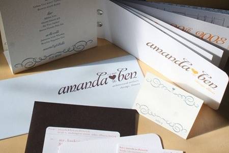 Ben + Amanda Wedding Set
Letterpress, Offset Printing, Inket Labels
Invitation, Favor, Drinks Menu, Program, Place Cards, Thank You Notes, Change of Names/Address Calling Cards