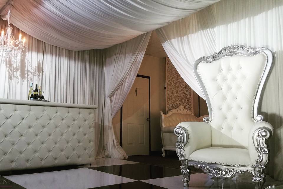Silver throne & room draping