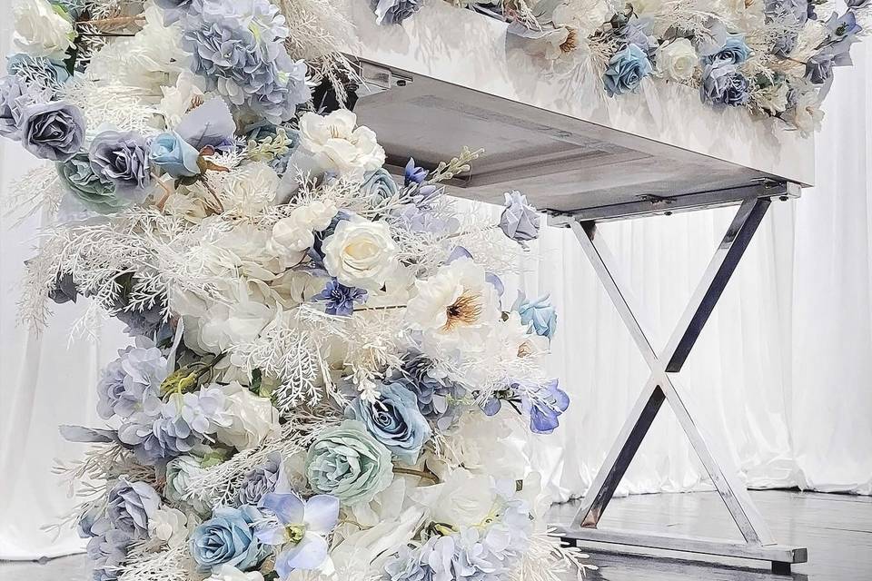 Blue flower garland on table