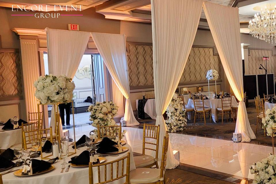 Doorway drapes/floral/uplights