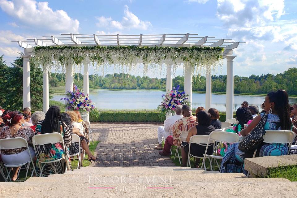 Hanging wisteria on pergola