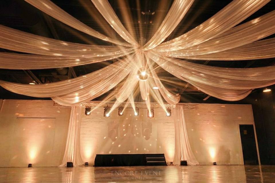 Ceiling draping & cmy movers