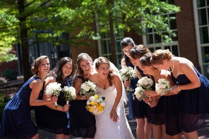 Candid shot of the bride and bridesmaids
