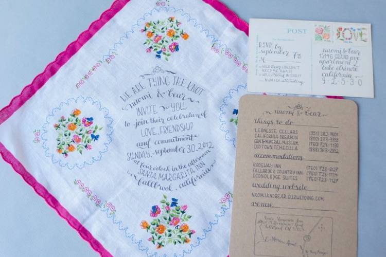 Custom hand-lettered handkerchief invitations with matching RSVP cards, hand-drawn map and directional information