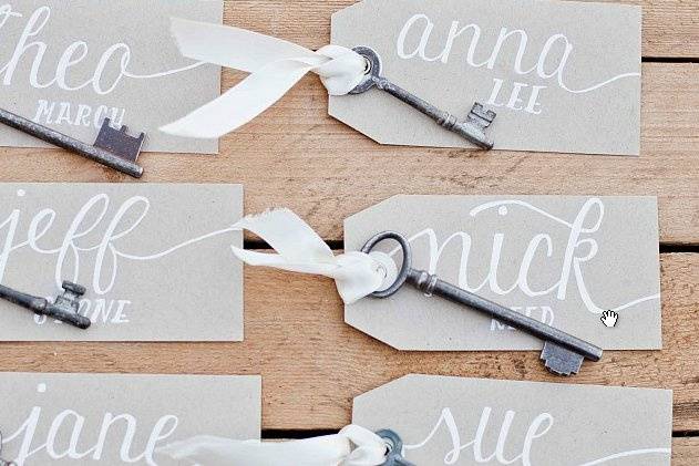 Just a closer look...  Skeleton key escort cards in the Megan suite with white ink on kraft.
(Photo courtesy of Retrospect Images)