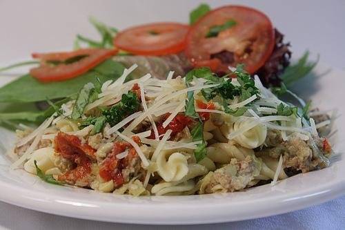 Fusilli with Sausage, tomato and Garilc with simple salad