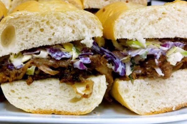 Memphis Raspberry Chipotle Bar-be-que sliders topped with blue cheese slaw