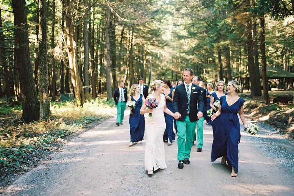 Bride and groom by the trees