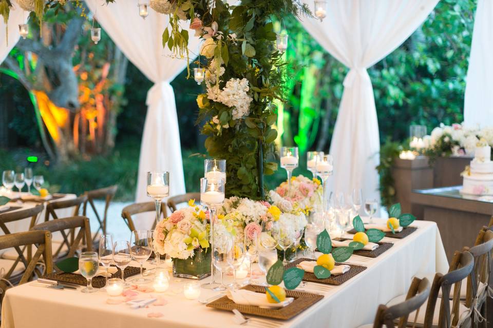 Table set-up with candle and flower centerpiece