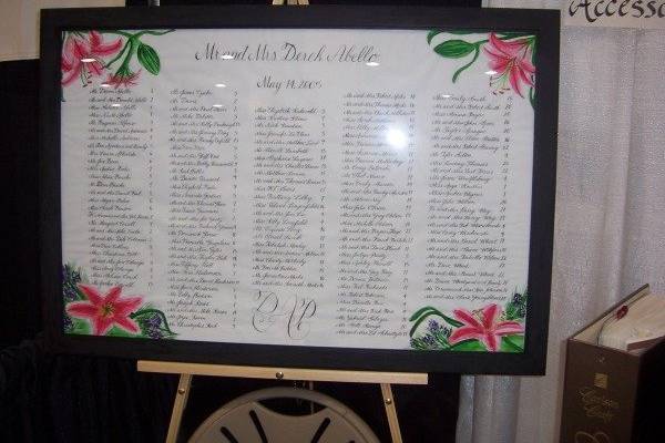 A seating chart is an excellent and unique way to let your guests know which table they are seated at!  A customized piece of artwork that you will have your whole life long to remind you of your wedding day!