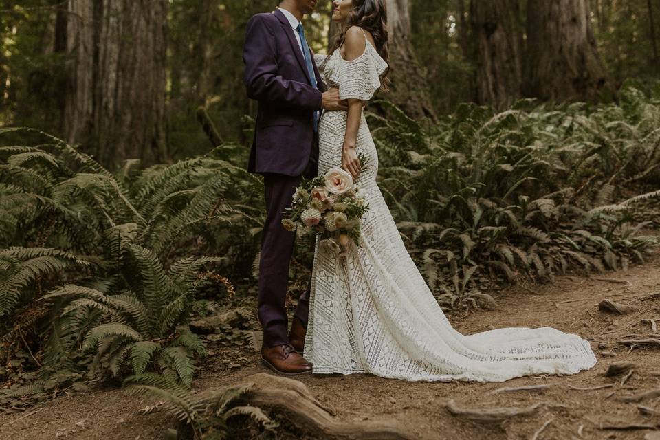 Close up of bridal attire.