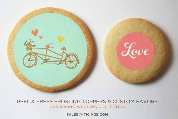 Ticings are easily applied to sugar cookie favors. We can even ship the blank cookies to you for a DIY bridal shower party! Email us at hello@ticings.com and we'll be happy to help!