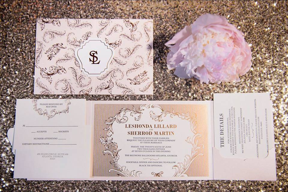 Grey letterpress, copper foil, peach gatefold wedding invitation