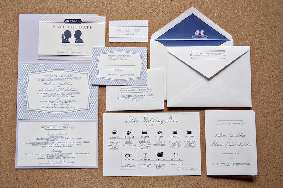 Lavender and royal blue letterpress invitation with Enclosure, Itinerary Card, Program, and Escort Card