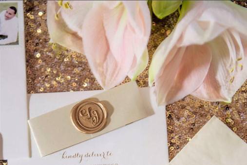 Gold foil and custom wax seal invitation, menu and monogrammed napkin