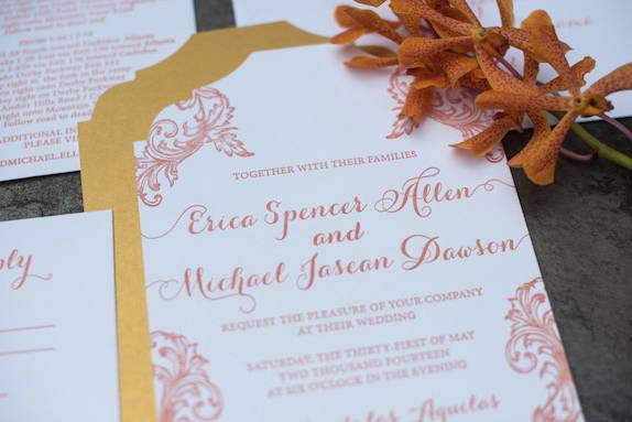 Die-cut letterpress invitation with gold backing