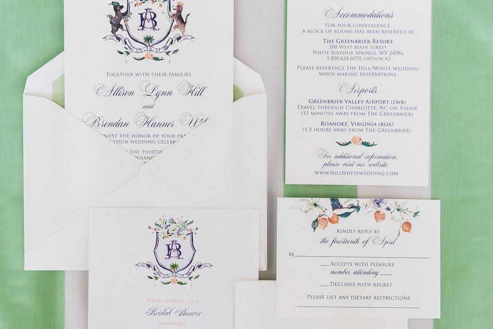 Watercolor crest invitation suite for Southern wedding