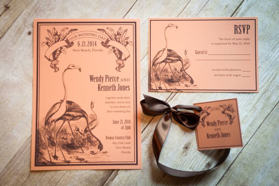 This beautiful and truly original invitation is a vintage style design reminiscent of an antique Floridian postcard and features wild flamingo's grazing in a field. The peachy pink and brown tones definitely suggest a summer event, but could also work well as a Floridian destination wedding at any time of year!