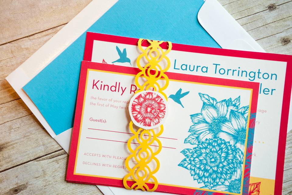 This beautiful and brightly colored summer/spring modern invitation uses magenta, cyan, and yellow as it's color palette. The design features a bold floral motif with hummingbirds attracted to the obviously sweet colors of this enchanted garden! This set is sure to catch your guests attention and showcase your style and impeccable taste!