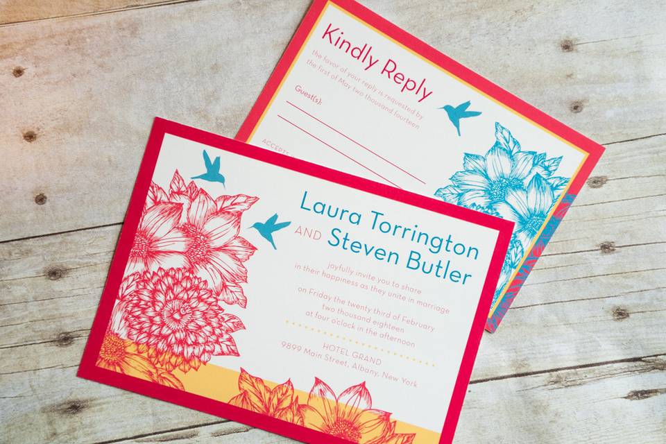 This beautiful and brightly colored summer/spring modern invitation uses magenta, cyan, and yellow as it's color palette. The design features a bold floral motif with hummingbirds attracted to the obviously sweet colors of this enchanted garden! This set is sure to catch your guests attention and showcase your style and impeccable taste!
