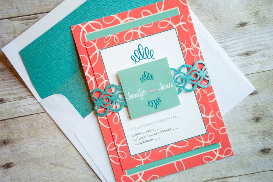 This beautiful invitation set features bright, bold colors and typography that takes you back to the days of malt shops and boobie socks! It's a retro design with a modern twist that will delight your guests and get them excited about your big day! If you decide to base your wedding theme around this look, be assured your theme will be as original as you are!