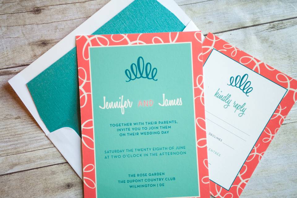 This beautiful invitation set features bright, bold colors and typography that takes you back to the days of malt shops and boobie socks! It's a retro design with a modern twist that will delight your guests and get them excited about your big day! If you decide to base your wedding theme around this look, be assured your theme will be as original as you are!