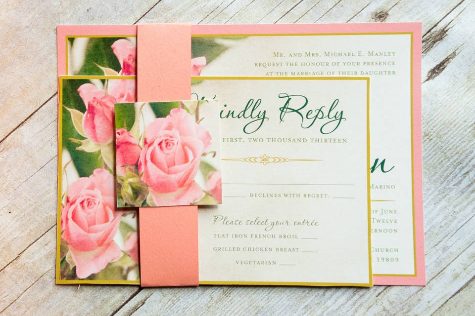 This beautiful and elegant pink and green invitation set features a feminine and classic design reminds me of a vintage garden postcard. This design fits with many themes and it is sure to catch your guests attention and showcase your  style and impeccable taste!