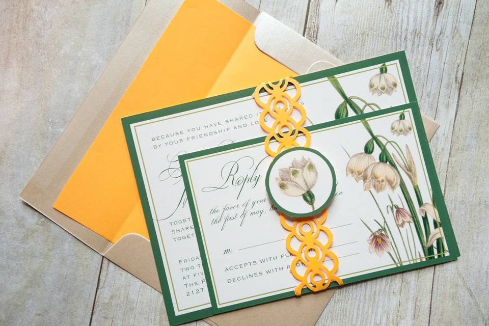 This elegant botanical illustration of white Lily of the Valley flower buds is classic design for your summer or spring wedding! Base your theme around this look and will will not be disappointed.This beautiful invitation is sure to catch your guests attention and showcase your  style and impeccable taste!