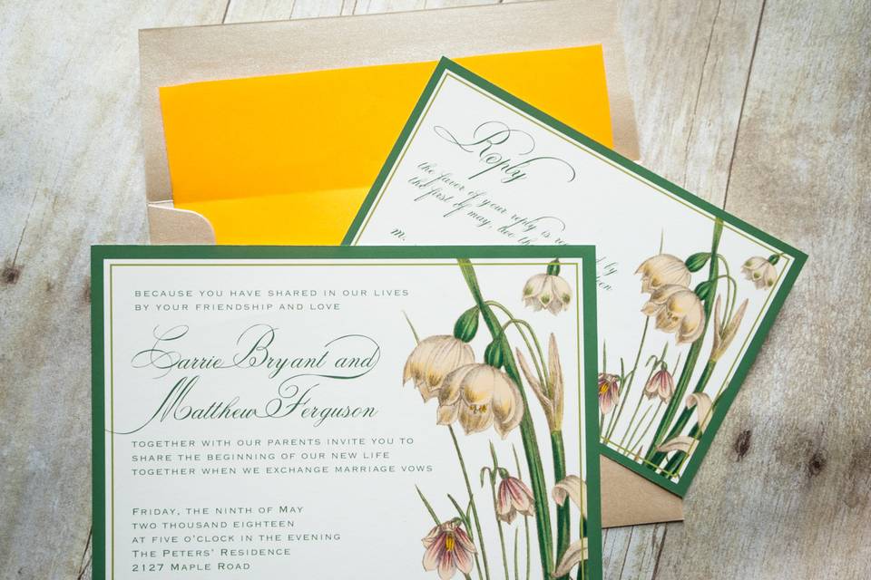 This elegant botanical illustration of white Lily of the Valley flower buds is classic design for your summer or spring wedding! Base your theme around this look and will will not be disappointed.This beautiful invitation is sure to catch your guests attention and showcase your  style and impeccable taste!