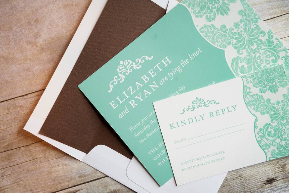 This elegant Tiffany's inspired aqua and brown damask is a modern twist on a classic design! Base your theme around this look and will will not be disappointed.This beautiful invitation is sure to catch your guests attention and showcase your  style and impeccable taste!