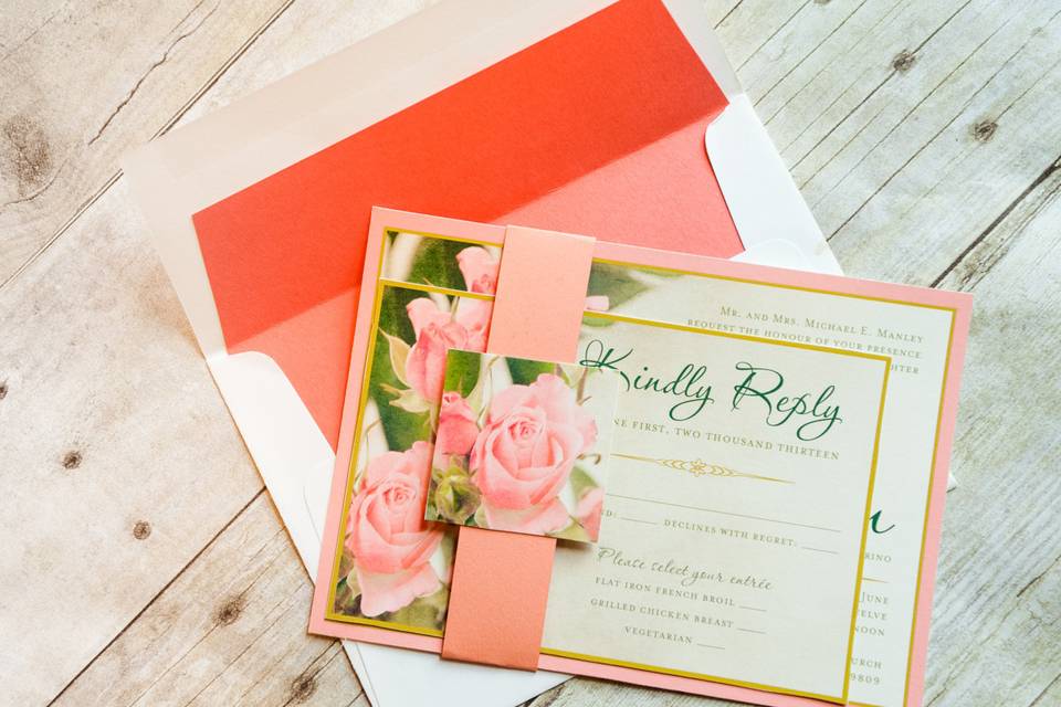 This beautiful and elegant pink and green invitation set features a feminine and classic design reminds me of a vintage garden postcard. This design fits with many themes and it is sure to catch your guests attention and showcase your  style and impeccable taste!