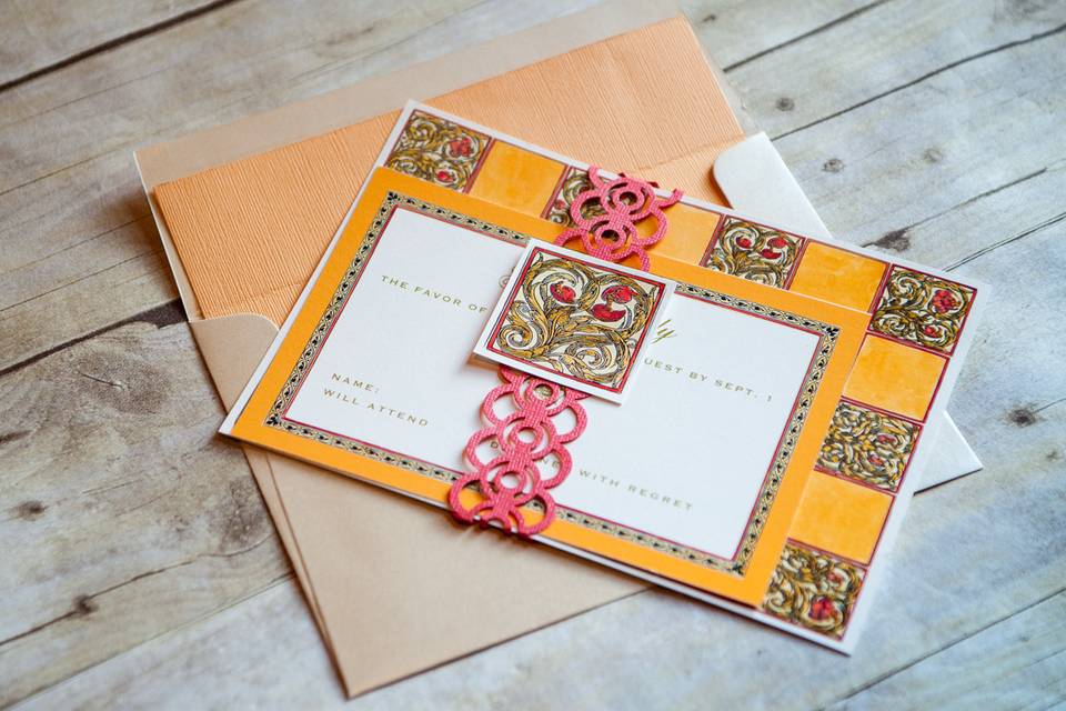 This beautiful classic Italian inspired design is reminiscent of Tuscan pottery with warm red and yellow tones! Base your theme around this look and will will not be disappointed.This beautiful invitation is sure to catch your guests attention and showcase your  style and impeccable taste!