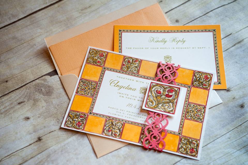 This beautiful classic Italian inspired design is reminiscent of Tuscan pottery with warm red and yellow tones! Base your theme around this look and will will not be disappointed.This beautiful invitation is sure to catch your guests attention and showcase your  style and impeccable taste!