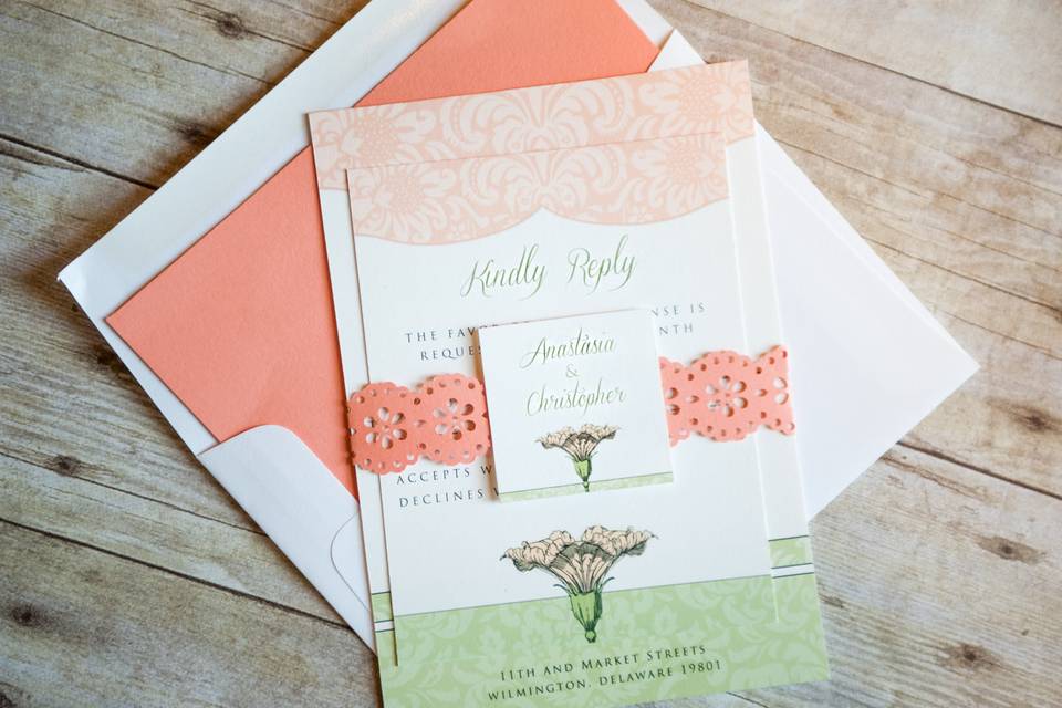 This soft and feminine design in hues of pink and mint green set against a clean white background would be the perfect way to showcase your summer garden party wedding! It would also be great invitation for any garden party or summer gathering, even a little girl's tea party birthday! Base your theme around this look and you will not be disappointed.This beautiful invitation is sure to catch your guests attention and showcase your  style and impeccable taste!