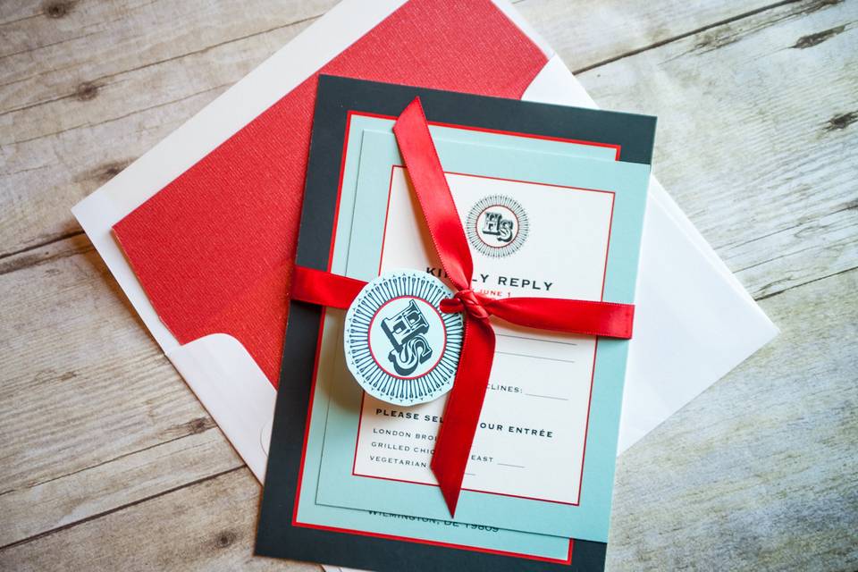 This beautiful monogramed design is reminiscent of a nautical theme and features a patriotic red, white and blue color scheme! Base your theme around this look and will will not be disappointed. This beautiful invitation is sure to catch your guests attention and showcase your  style and impeccable taste!