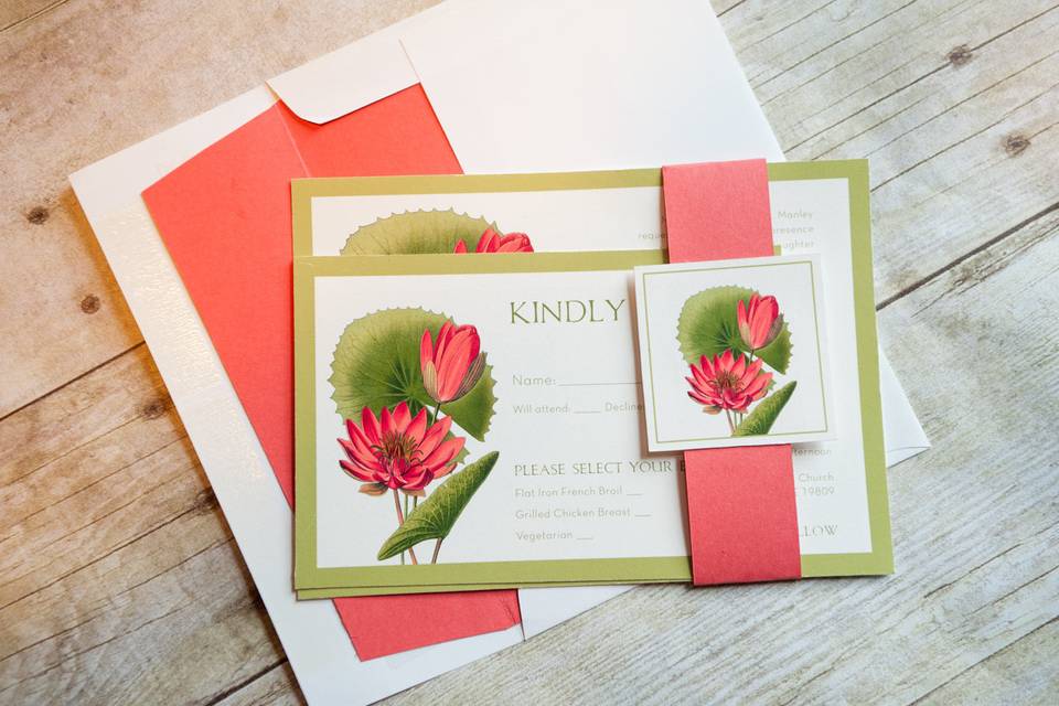 This elegant botanical illustration of pink and green waterlilies is classic design for your summer wedding! Base your theme around this look and will will not be disappointed.This beautiful invitation is sure to catch your guests attention and showcase your  style and impeccable taste!