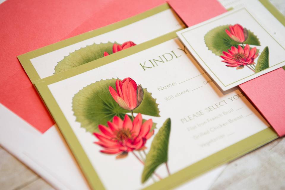 This elegant botanical illustration of pink and green waterlilies is classic design for your summer wedding! Base your theme around this look and will will not be disappointed.This beautiful invitation is sure to catch your guests attention and showcase your  style and impeccable taste!