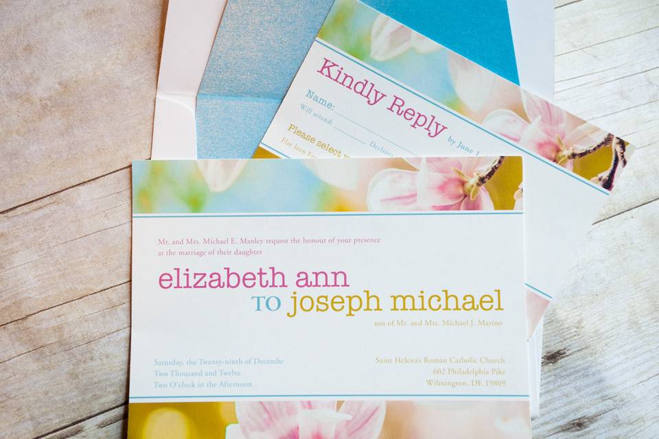 This design was created using sections of a photograph of beautiful spring magnolia blossoms in full bloom against a blue sky. The colors are naturally soft and pastel and this invitation set would be a perfect choice for a spring wedding! This feminine and classic design fits with many themes and is sure to catch your guests attention and showcase your style and impeccable taste!