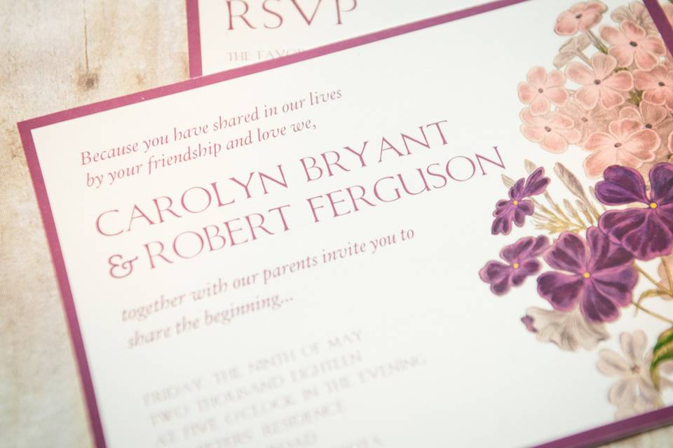 This elegant botanical illustration of purple, mauve- pink wild flowers and hydrangea is classic design for your summer or spring wedding! Base your theme around this soft and feminine design and will not be disappointed.This beautiful invitation is sure to catch your guests attention and showcase your  style and impeccable taste!