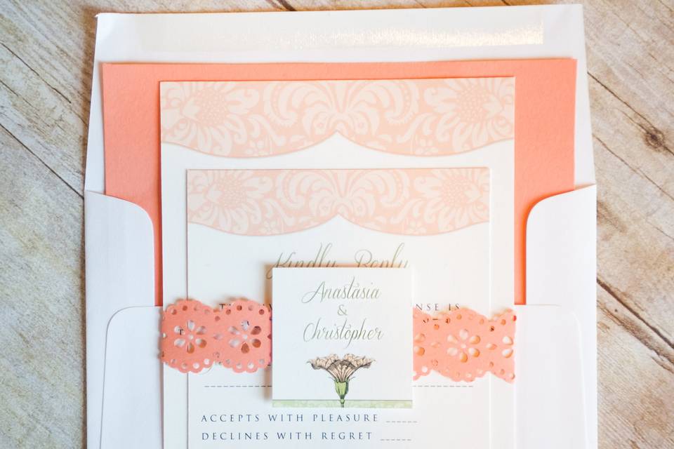 This soft and feminine design in hues of pink and mint green set against a clean white background would be the perfect way to showcase your summer garden party wedding! It would also be great invitation for any garden party or summer gathering, even a little girl's tea party birthday! Base your theme around this look and you will not be disappointed.This beautiful invitation is sure to catch your guests attention and showcase your  style and impeccable taste!