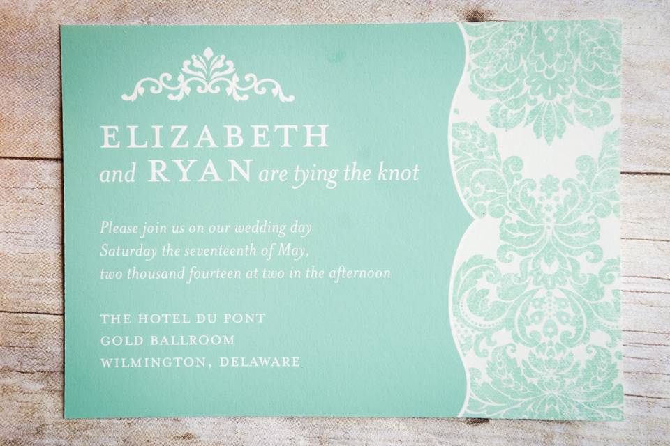 This elegant Tiffany's inspired aqua and brown damask is a modern twist on a classic design! Base your theme around this look and will will not be disappointed.This beautiful invitation is sure to catch your guests attention and showcase your  style and impeccable taste!