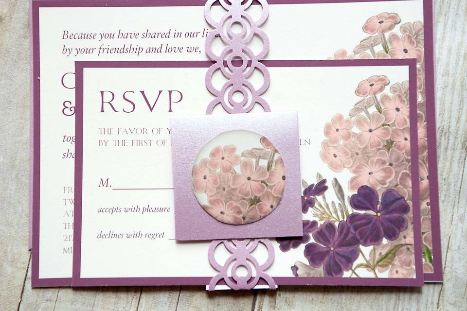 This elegant botanical illustration of purple, mauve- pink wild flowers and hydrangea is classic design for your summer or spring wedding! Base your theme around this soft and feminine design and will not be disappointed.This beautiful invitation is sure to catch your guests attention and showcase your  style and impeccable taste!