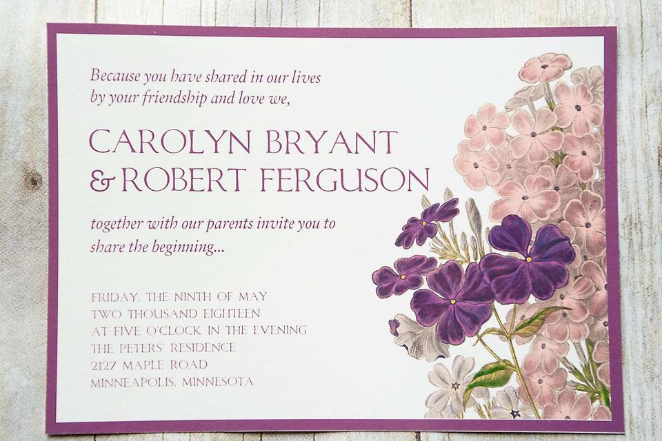 This elegant botanical illustration of purple, mauve- pink wild flowers and hydrangea is classic design for your summer or spring wedding! Base your theme around this soft and feminine design and will not be disappointed.This beautiful invitation is sure to catch your guests attention and showcase your  style and impeccable taste!