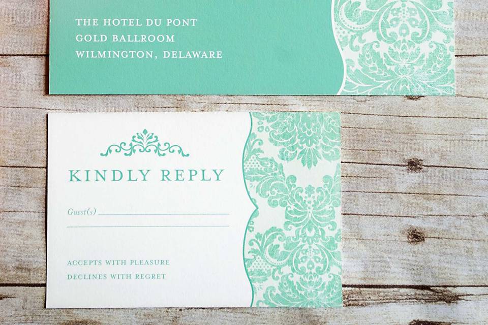 This elegant Tiffany's inspired aqua and brown damask is a modern twist on a classic design! Base your theme around this look and will will not be disappointed.This beautiful invitation is sure to catch your guests attention and showcase your  style and impeccable taste!